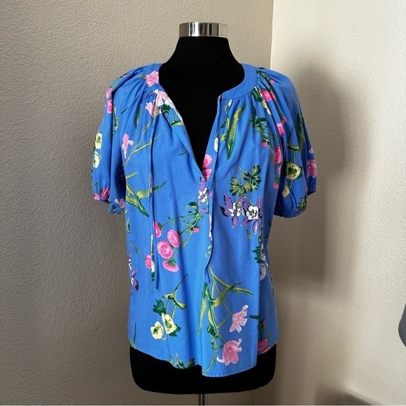 LOFT Garden Tie Neck Puff Sleeve Top Blue Size M - Picture 3 of 15